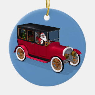 Funny Santa Claus In Red Vintage Limousine Ceramic Tree Decoration