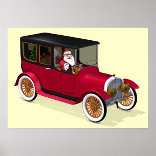 Funny Santa Claus In Red Vintage Limousine Poster