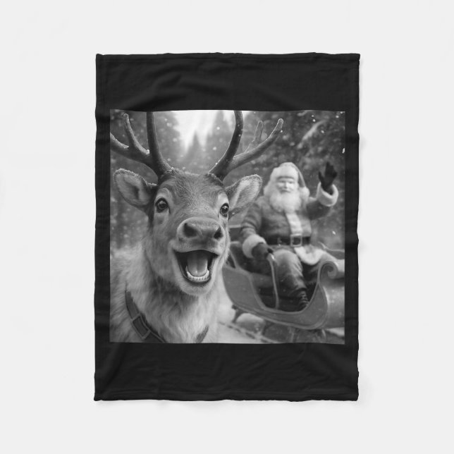 Funny Santa Claus In Sleigh With Reindeer Christma Fleece Blanket (Front)