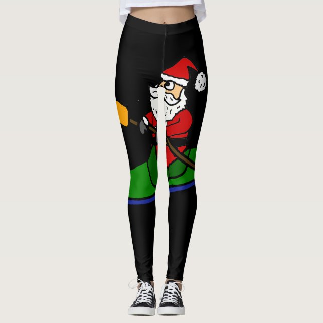 Funny Santa Claus Kayaking Christmas Cartoon Leggings (Front)