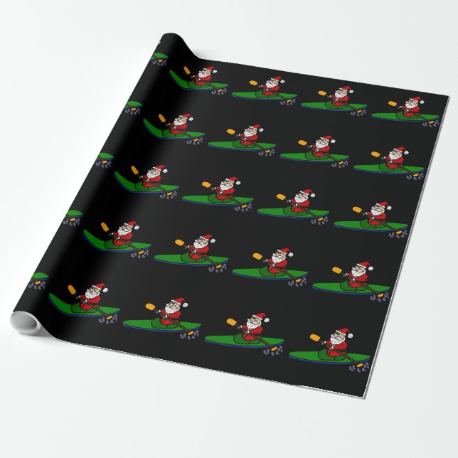 Funny Santa Claus Kayaking Christmas Cartoon Wrapping Paper (Unrolled)