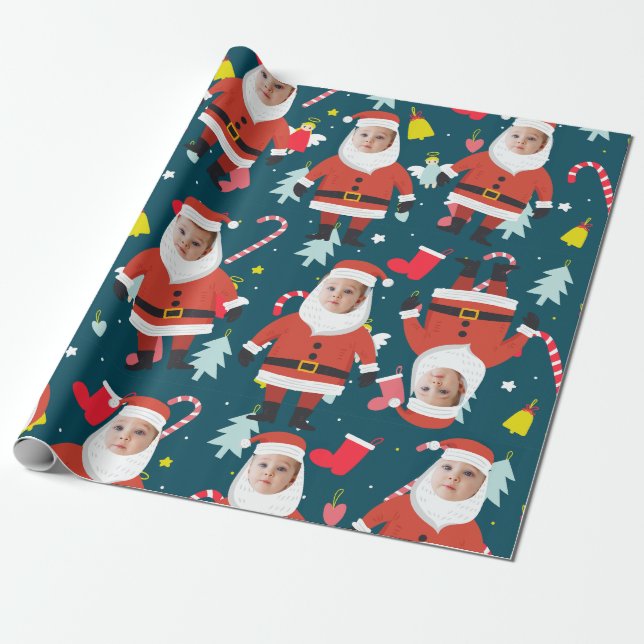 Funny Santa Claus Merry Christmas Custom Face Wrapping Paper (Unrolled)
