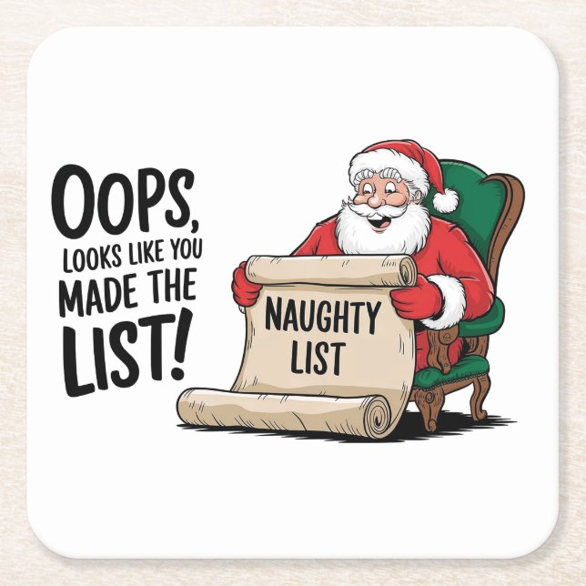 Funny Santa Claus Naughty List Christmas Design  Square Paper Coaster (Front)