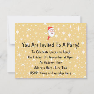 Funny Santa Claus, on Gold Colour Star Pattern. Invitation