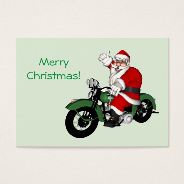 Funny Santa Claus On Green Vintage Motorbike (Front)