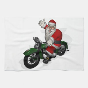 Funny Santa Claus On Green Vintage Motorbike Tea Towel