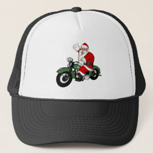 Funny Santa Claus On Green Vintage Motorbike Trucker Hat