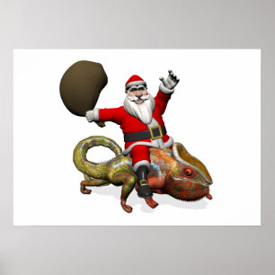 Funny Santa Claus On Huge Panther Chameleon Poster