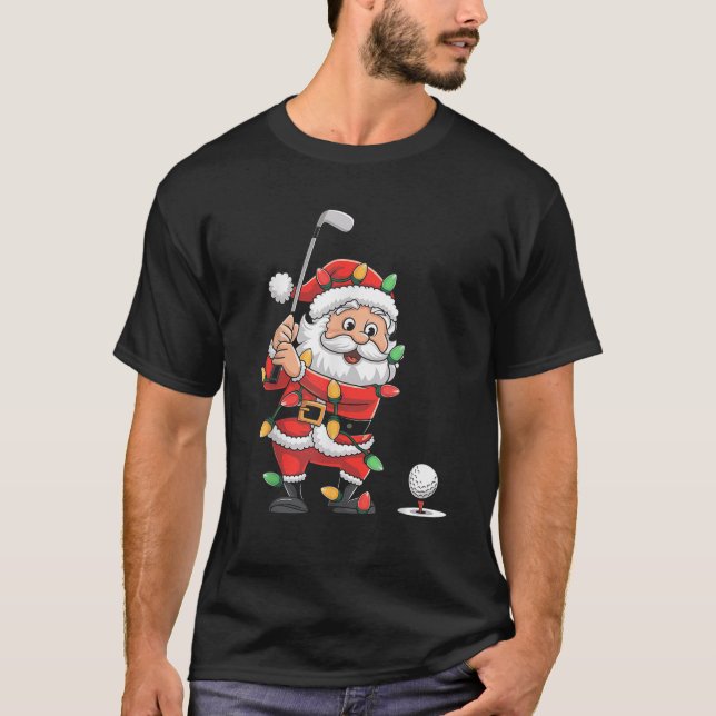 Funny Santa Claus Playing Golf Christmas Lights Xm T-Shirt (Front)
