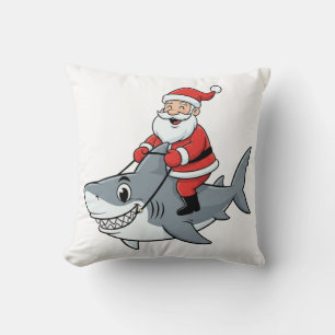 Funny Santa Claus Riding a Shark Christmas Holiday Cushion