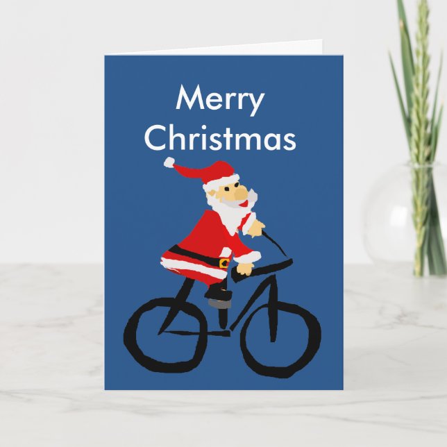 Funny Santa Claus Riding Bicycle Christmas Art Holiday Card (Front)