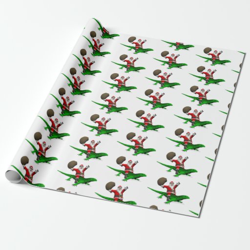 Image of Funny Santa Claus Riding Cool Green Lizard Wrapping Paper