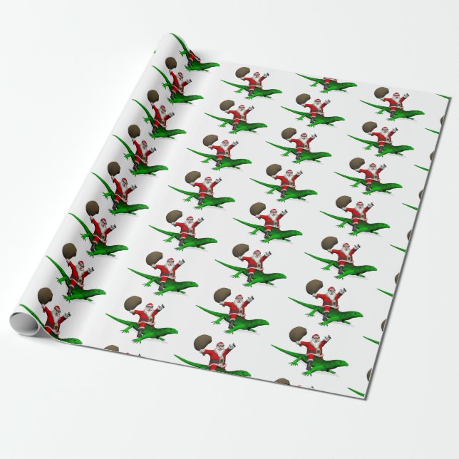 Funny Santa Claus Riding Cool Green Lizard Wrapping Paper (Unrolled)