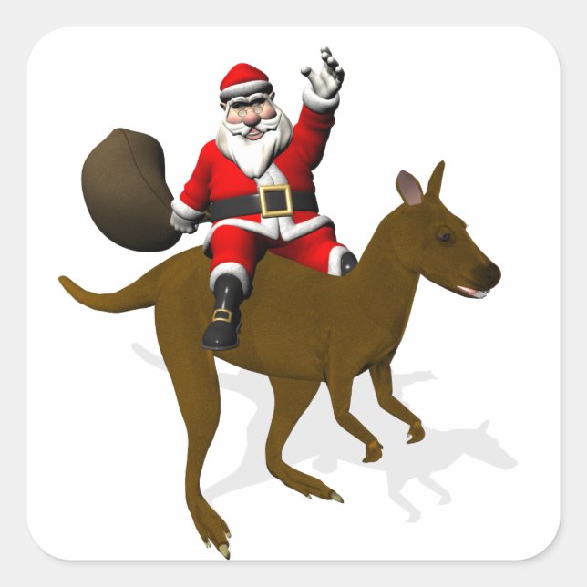 Funny Santa Claus Riding On Kangaroo Square Sticker (Front)