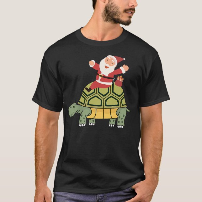 Funny Santa Claus Riding Tortoise Christmas Turtle T-Shirt (Front)