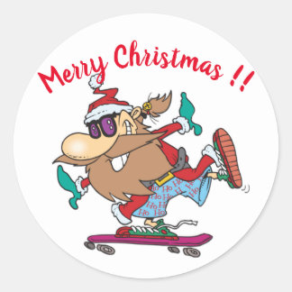 Funny Santa Claus Skateboarding Christmas Classic Round Sticker