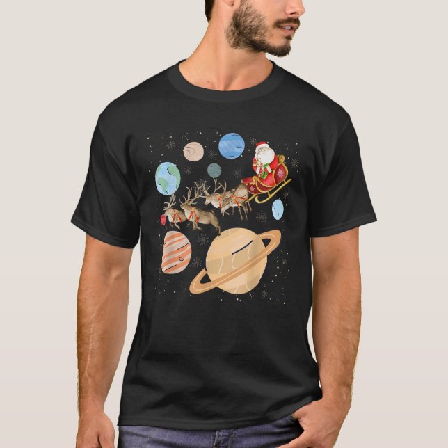 Funny Santa Claus Sleigh Solar System Space Planet T-Shirt (Front)