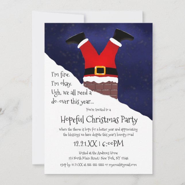 Funny Santa Claus Stuck Chimney Hopeful Christmas Invitation (Front)