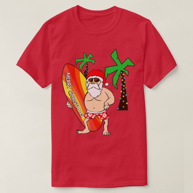 Funny Santa Claus Surfing Christmas In Hawaii July T-Shirt (Design Front)