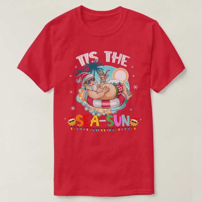 Funny Santa Claus Swiming Tis the SeaSun Christmas T-Shirt (Design Front)