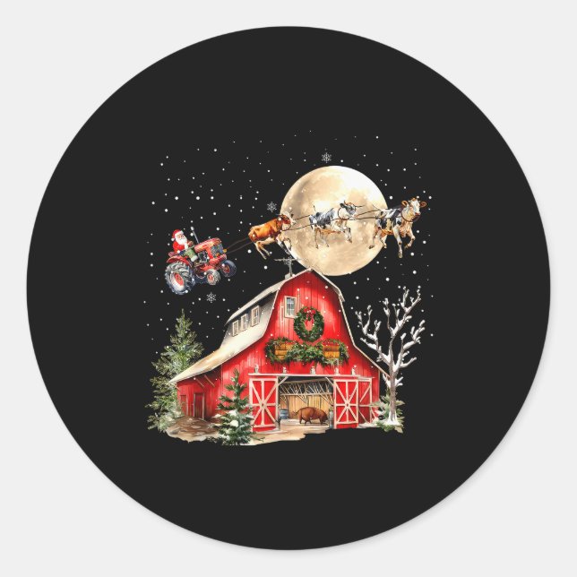 Funny Santa Claus Tractor Cows Farm Farmer Christm Classic Round Sticker (Front)