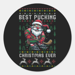 Funny Santa Claus Ugly Christmas Ice Hockey Best P Classic Round Sticker