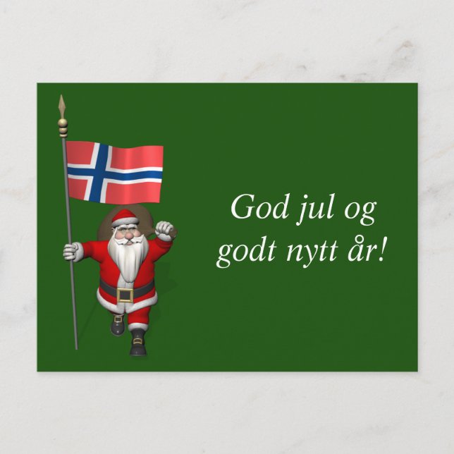 Funny Santa Claus With Flag Of Norway Holiday Postcard (Front)