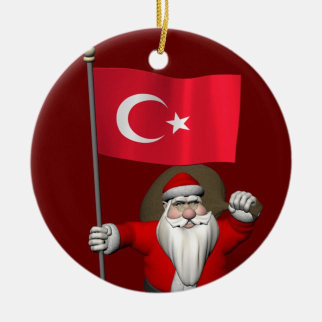 Funny Santa Claus With Flag Of Turkey Ceramic Tree Decoration (Front)