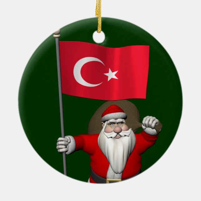 Funny Santa Claus With Flag Of Turkey Ceramic Tree Decoration (Back)