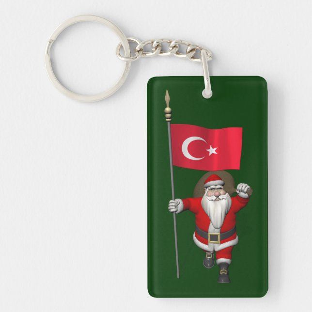 Funny Santa Claus With Flag Of Turkey Key Ring (Front)