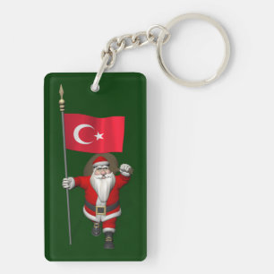 Funny Santa Claus With Flag Of Turkey Key Ring