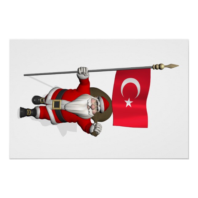 Funny Santa Claus With Flag Of Turkey Poster (Front)