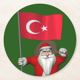Funny Santa Claus With Flag Of Turkey Round Paper Coaster