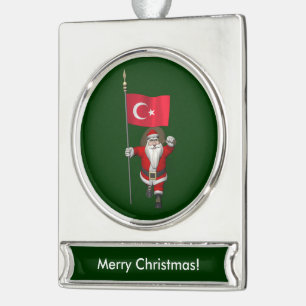Funny Santa Claus With Flag Of Turkey Silver Plated Banner Ornament