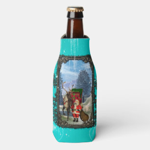 Funny Santa Claus with reindeer and sleigh Bottle Cooler