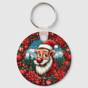 Funny Santa Claus with Wreath and Ornaments Key Ring