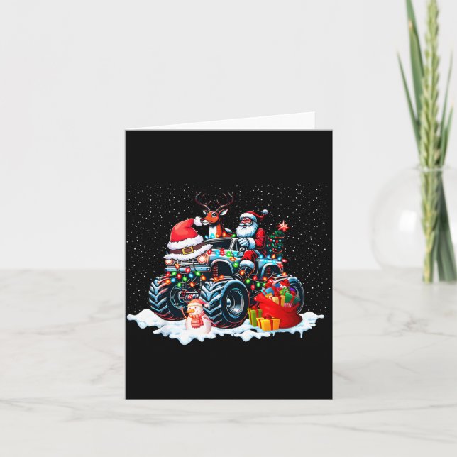 Funny Santa Clause Riding Monster Red Truck Xmas T Card (Front)