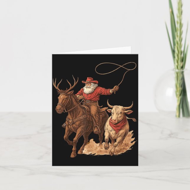 Funny Santa Cowboy Rodeo Reindeer Western Horse Ro Card (Front)