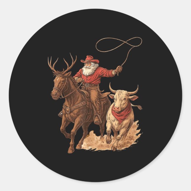 Funny Santa Cowboy Rodeo Reindeer Western Horse Ro Classic Round Sticker (Front)