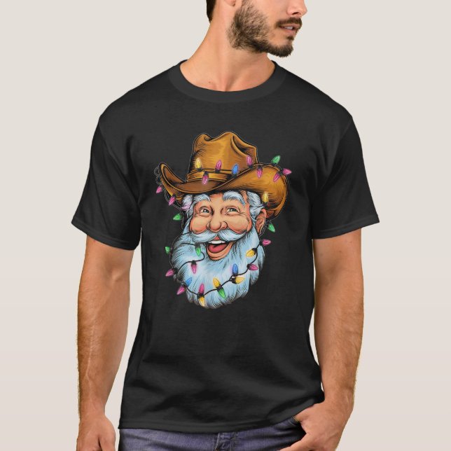 Funny Santa Cowboy Western Christmas Xmas Lights H T-Shirt (Front)
