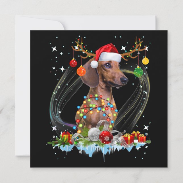 Funny Santa Dachshund Reindeer Light Christmas Card (Front)