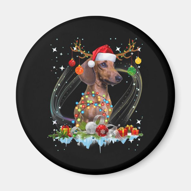 Funny Santa Dachshund Reindeer Light Christmas Magnet (Front)