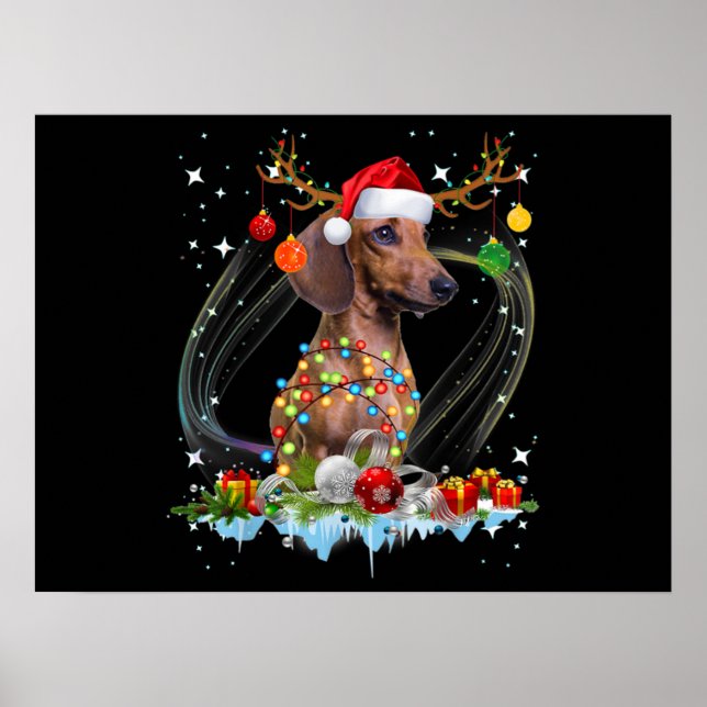 Funny Santa Dachshund Reindeer Light Christmas Poster (Front)