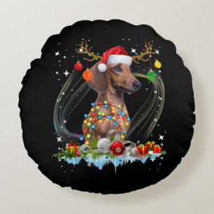 Funny Santa Dachshund Reindeer Light Christmas Round Cushion
