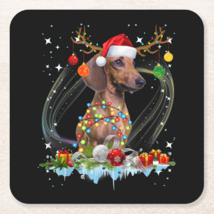 Funny Santa Dachshund Reindeer Light Christmas Square Paper Coaster