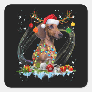 Funny Santa Dachshund Reindeer Light Christmas Square Sticker