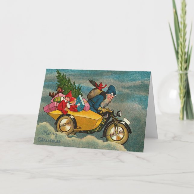 Funny Santa Delivering Presents on Motorbike Holiday Card (Front)