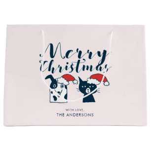 Funny Santa Dog & Cat Doodle Merry Christmas Large Gift Bag