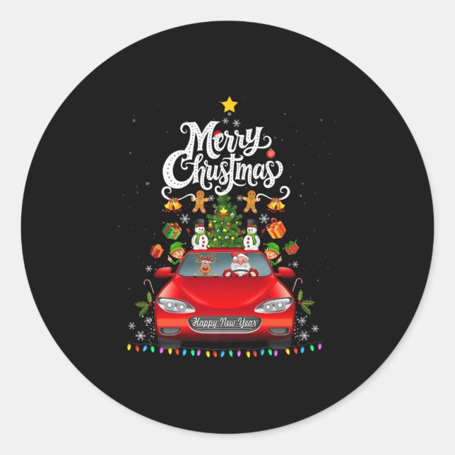 Funny Santa Driving Wagon Red Truck Christmas Tree Classic Round Sticker (Front)
