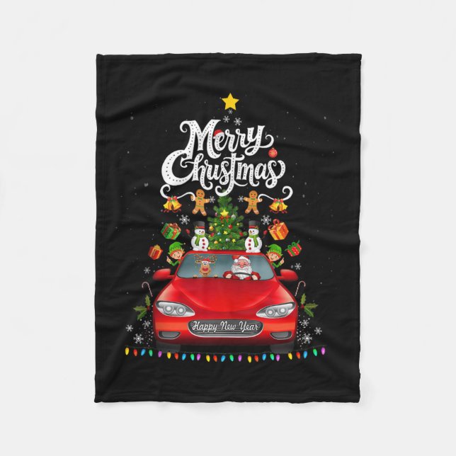 Funny Santa Driving Wagon Red Truck Christmas Tree Fleece Blanket (Front)